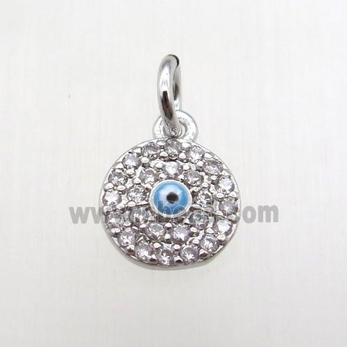 copper circle pendant paved zircon, eye, platinum plated