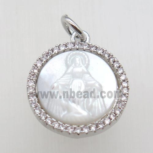 copper circle pendant paved zircon, shell Jesus, platinum plated