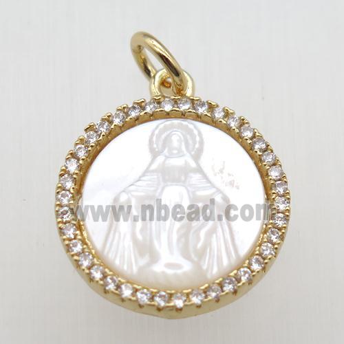 copper circle pendant paved zircon, shell Jesus, gold plated