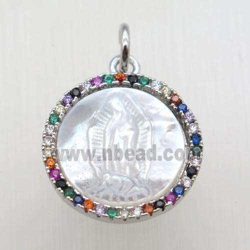 copper circle pendant paved zircon, shell Jesus, platinum plated