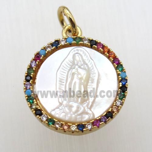 copper circle pendant paved zircon, shell Jesus, gold plated