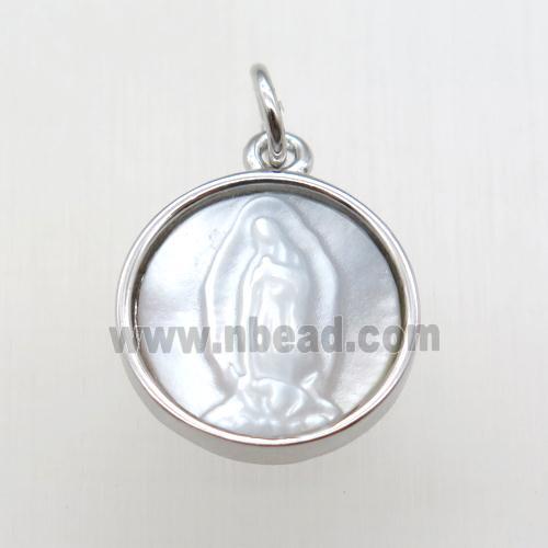 copper circle pendant with shell jesus, platinum plated