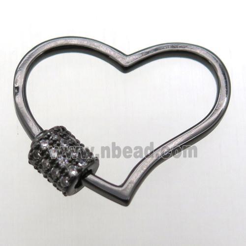 copper heart carabiner lock pendant paved zircon, black plated