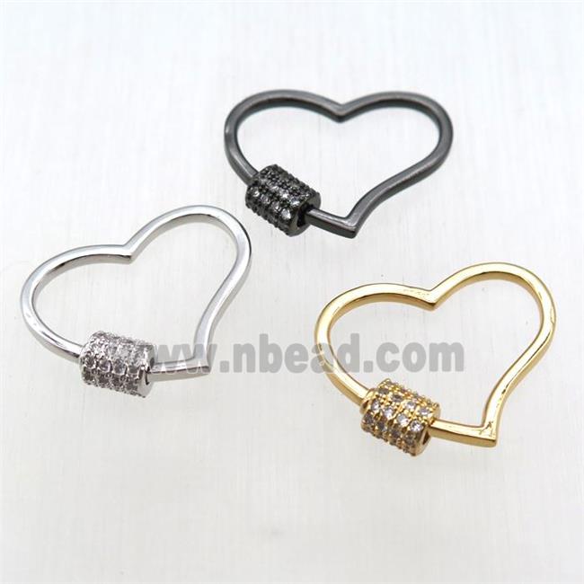 copper heart carabiner lock pendant paved zircon, mixed color