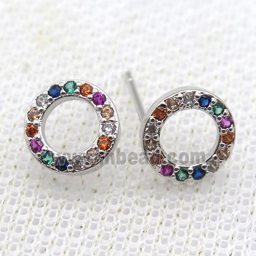 copper studs earring paved zircon, circle, platinum plated