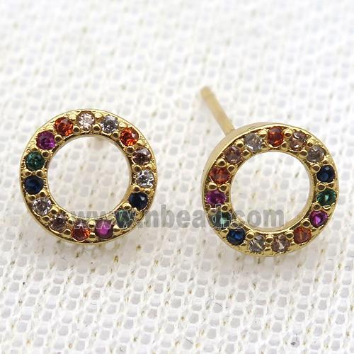 copper studs earring paved zircon, circle, gold plated