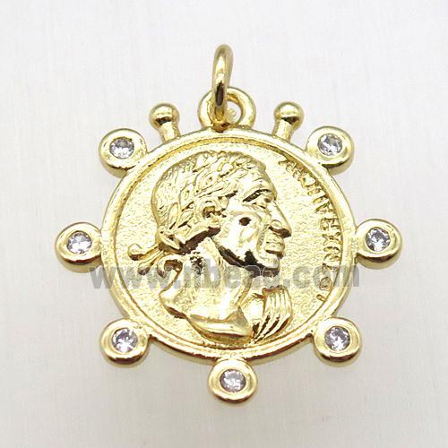 copper coin pendant pave zircon, gold plated
