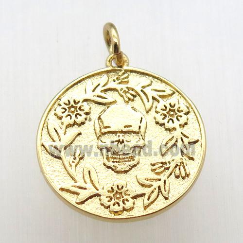 copper circle pendant, skull, gold plated