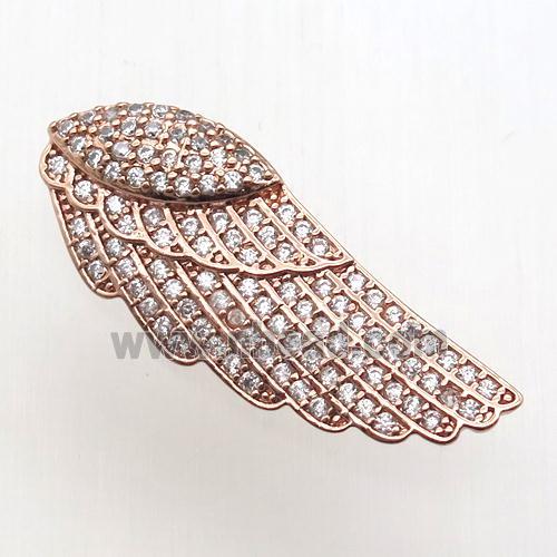copper pendant paved zircon, angel wing, rose gold