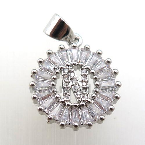 copper letter-N pendant paved zircon, platinum plated