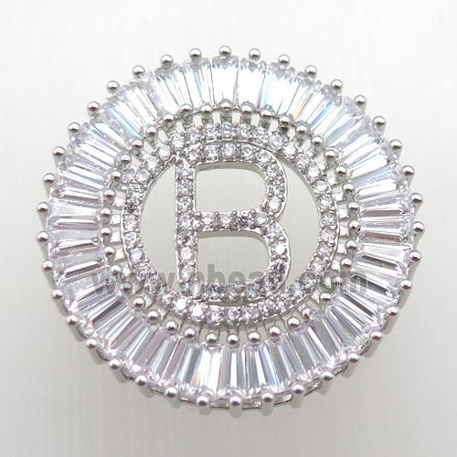 copper letter-B pendant paved zircon, platinum plated