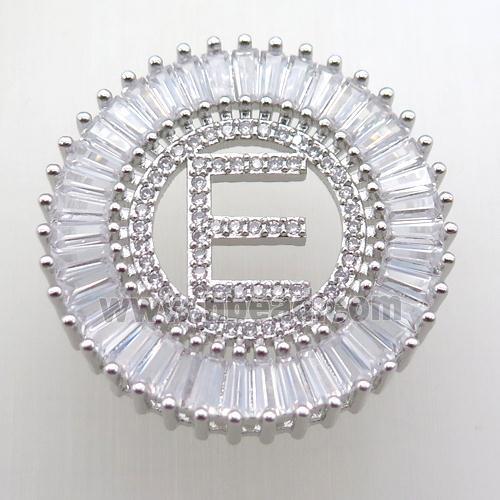 copper letter-E pendant paved zircon, platinum plated