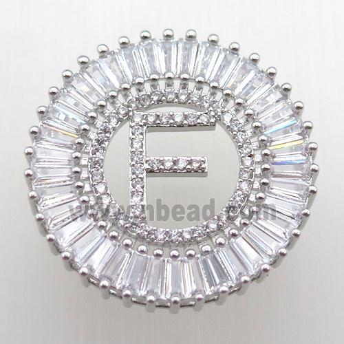 copper letter-F pendant paved zircon, platinum plated