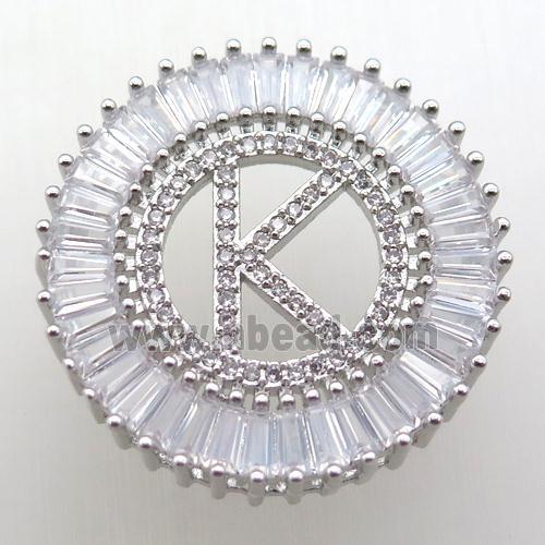 copper letter-K pendant paved zircon, platinum plated