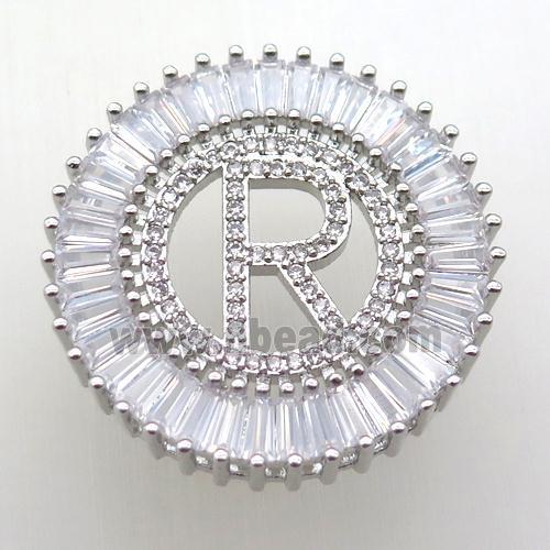 copper letter-R pendant paved zircon, platinum plated