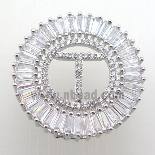 copper letter-T pendant paved zircon, platinum plated