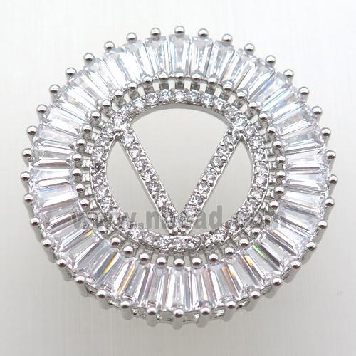 copper letter-V pendant paved zircon, platinum plated