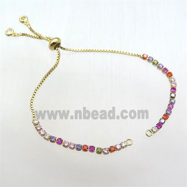 copper bracelet chain paved zircon, multi color, gold plated