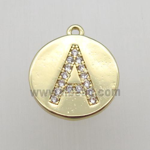 copper letter-A pendant pave zircon, gold plated