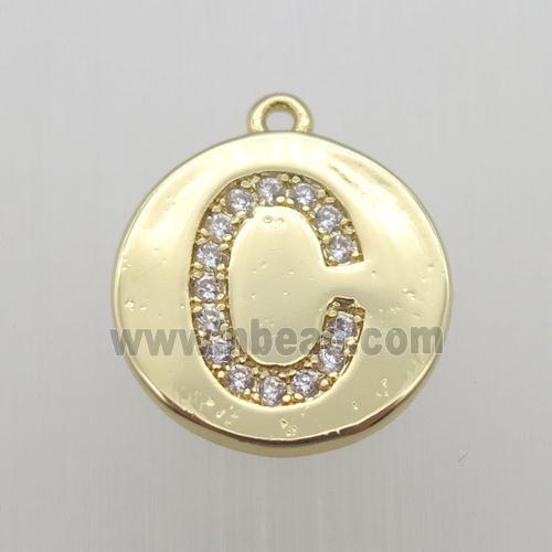 copper letter-C pendant pave zircon, gold plated