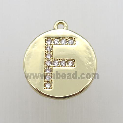 copper letter-F pendant pave zircon, gold plated
