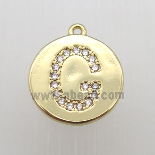 copper letter-G pendant pave zircon, gold plated
