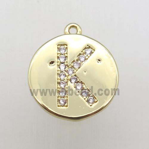 copper letter-K pendant pave zircon, gold plated