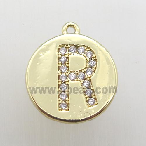 copper letter-R pendant pave zircon, gold plated