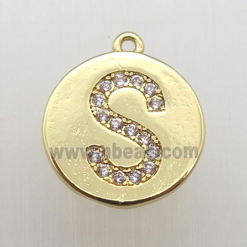copper letter-S pendant pave zircon, gold plated