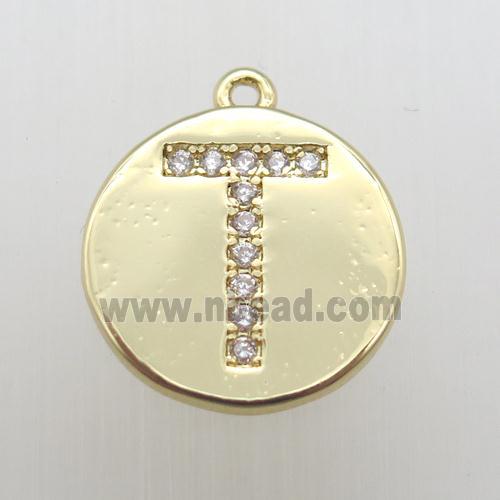 copper letter-T pendant pave zircon, gold plated
