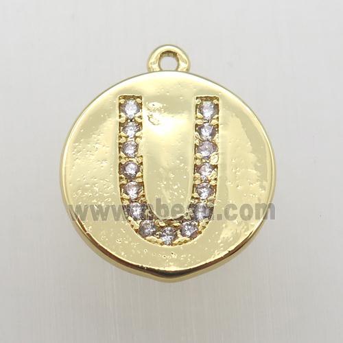 copper letter-U pendant pave zircon, gold plated