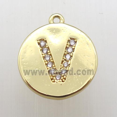 copper letter-V pendant pave zircon, gold plated