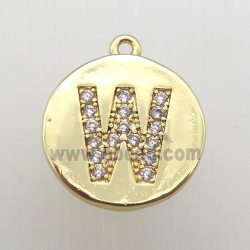 copper letter-W pendant pave zircon, gold plated