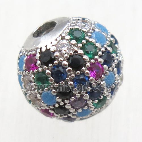 round copper beads pave zircon, multi color, platinum plated