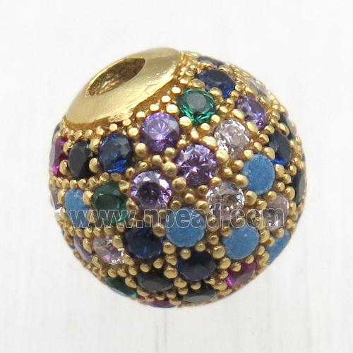 round copper beads pave zircon, multi color, gold plated