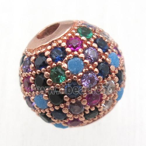 round copper beads pave zircon, multi color, rose gold