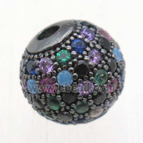 round copper beads pave zircon, multi color, black plated