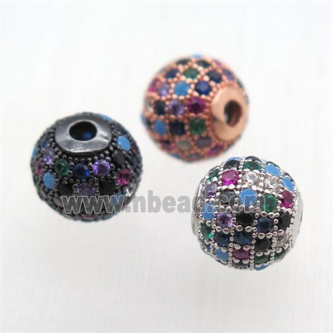 round copper beads pave zircon, multi color, mixed