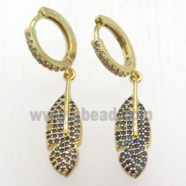 copper hoop earrings pendant pave zircon, leaf, gold plated