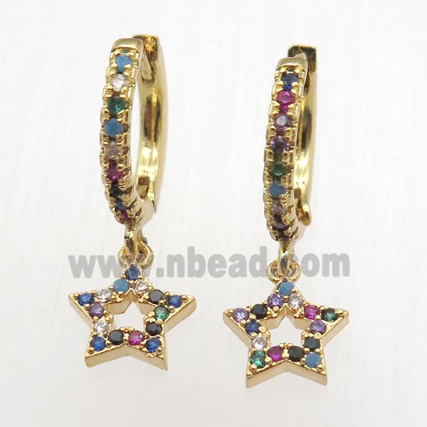 copper hoop huggie earrings pendant pave zircon, star, gold plated