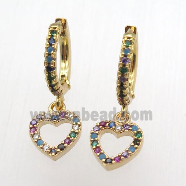 copper hoop earrings pendant pave zircon, heart, gold plated