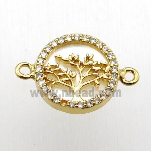 copper connector pave zircon, tree of life, gold plated