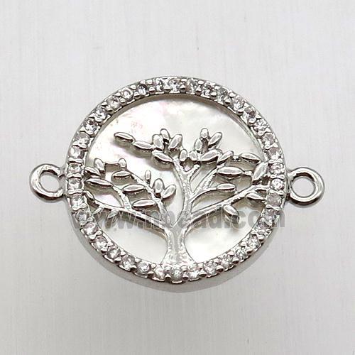 copper connector pave zircon, tree of life, platinum plated