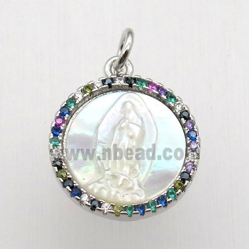 copper circle pendant pave zircon, shell Jesus, platinum plated