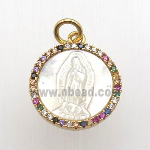copper circle pendant pave zircon, shell Jesus, gold plated