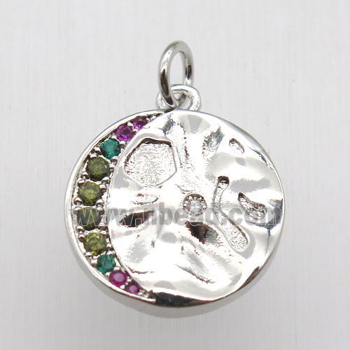 copper circle moon pendant pave zircon, platinum plated