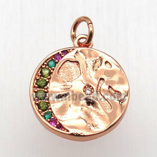copper circle moon pendant pave zircon, rose gold