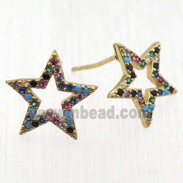 copper star Stud Earrings pave zircon, gold plated