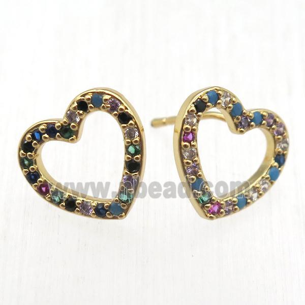 copper heart Stud Earrings pave zircon, gold plated