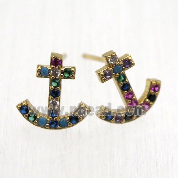 copper anchor Stud Earrings pave zircon, gold plated